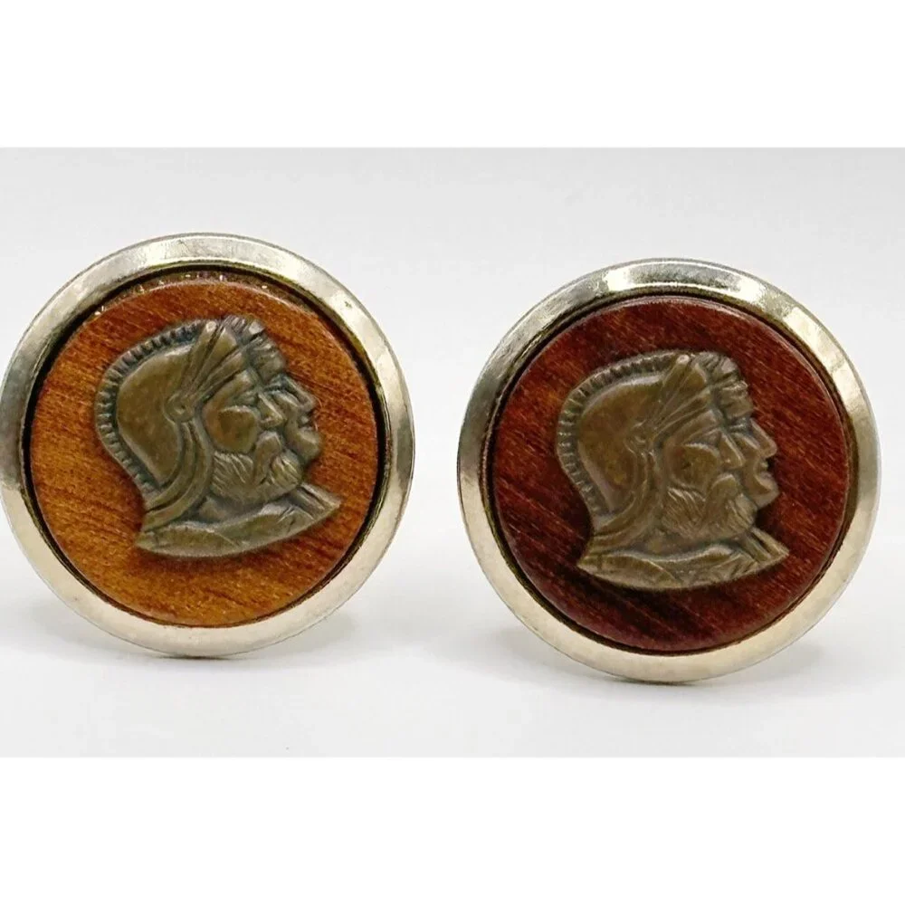 Metal Bronze Cameo Centurion Roman Brown Wood Cufflinks Cuff‎ Links